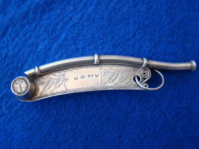 A rare English sterling silver engraved Bosun's Whistle made in 1862